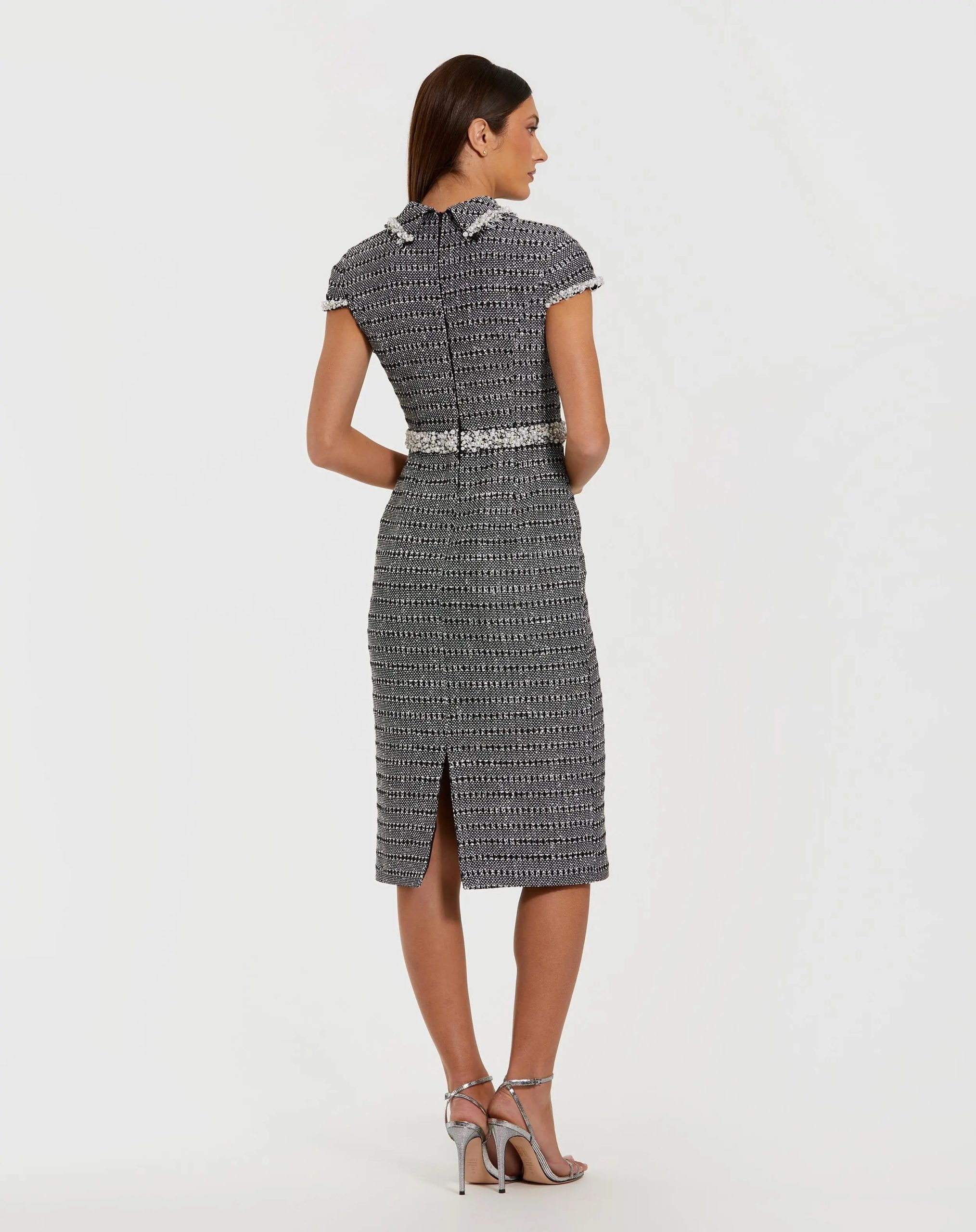 Black Embellished Cap Sleeve Boucle Midi Dress - Image 3