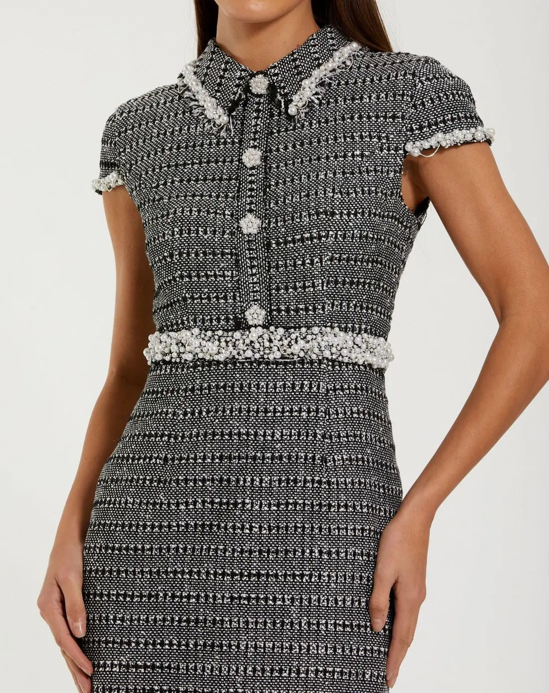 Black Embellished Cap Sleeve Boucle Midi Dress - Image 2