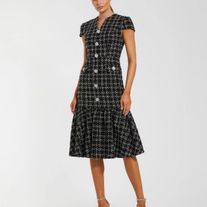 Black Cap Sleeve Boucle A Line Midi Dress