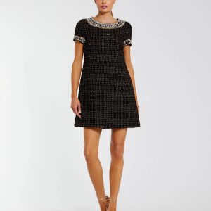 Black Short Sleeve Embellished Boucle Mini Dress