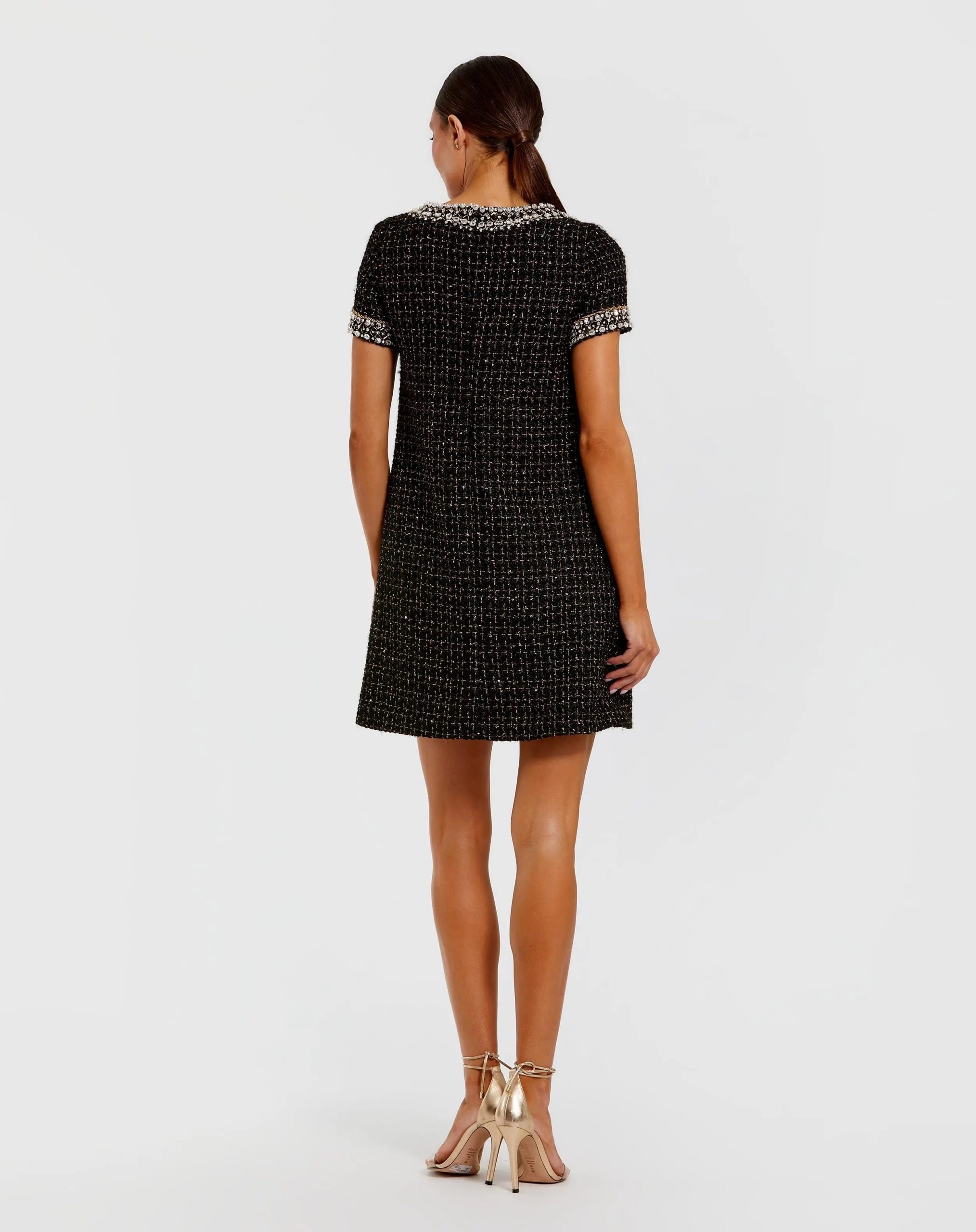 Black Short Sleeve Embellished Boucle Mini Dress - Image 3