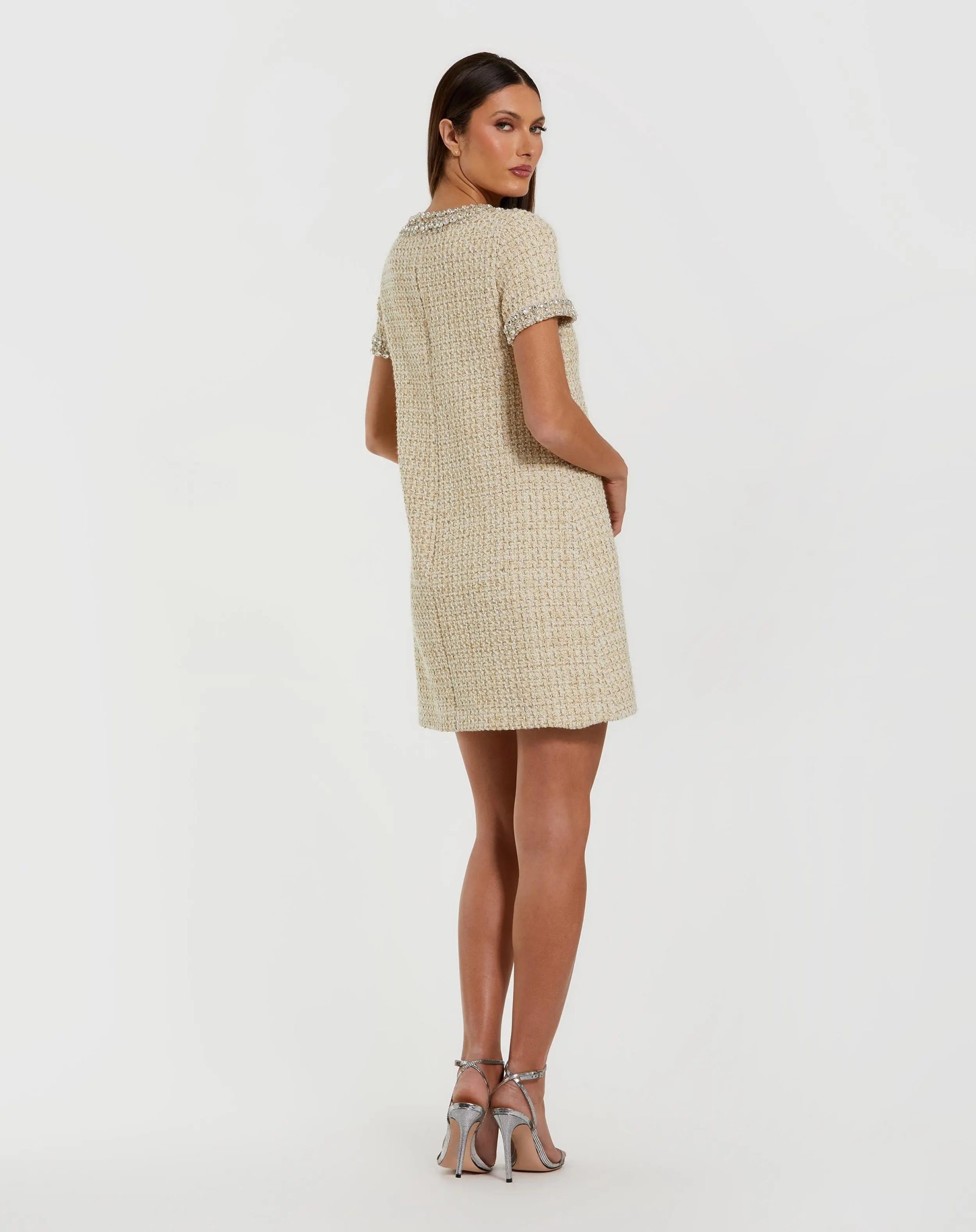 Ivory Short Sleeve Embellished Boucle Mini Dress - Image 3