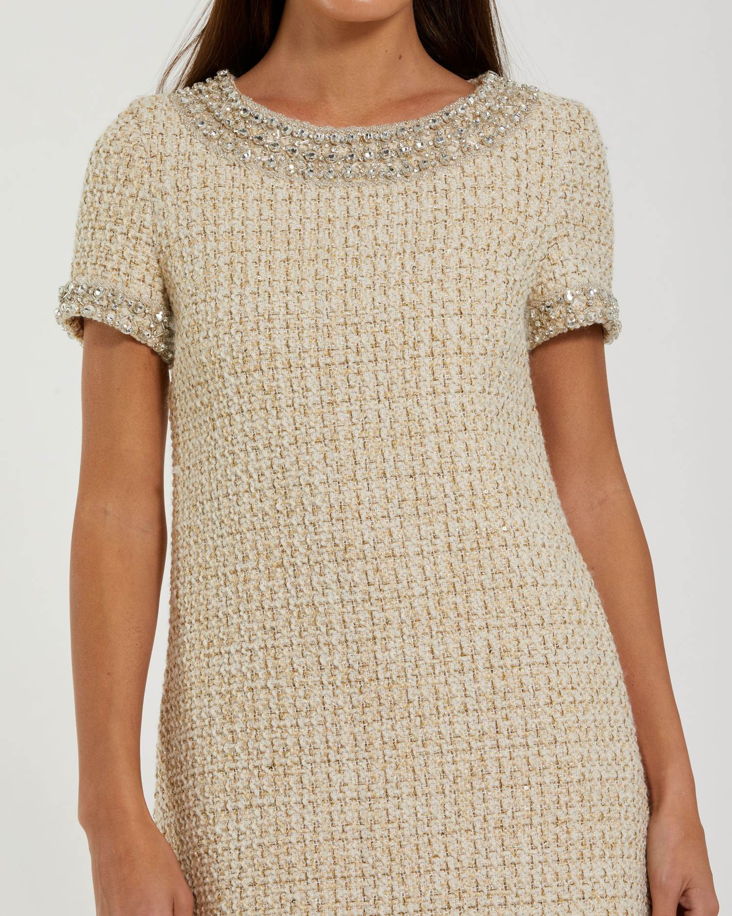 Ivory Short Sleeve Embellished Boucle Mini Dress - Image 2