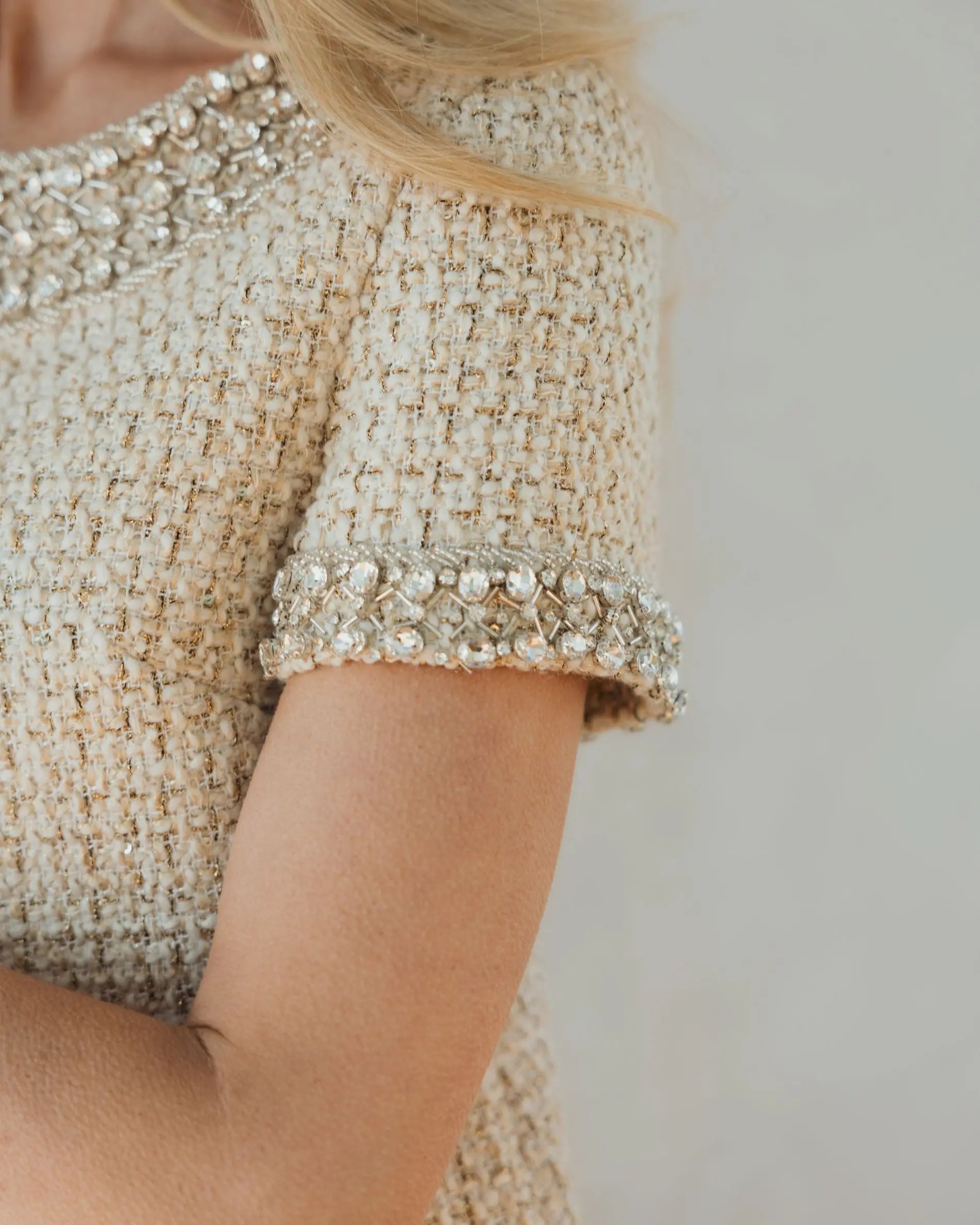 Ivory Short Sleeve Embellished Boucle Mini Dress - Image 5