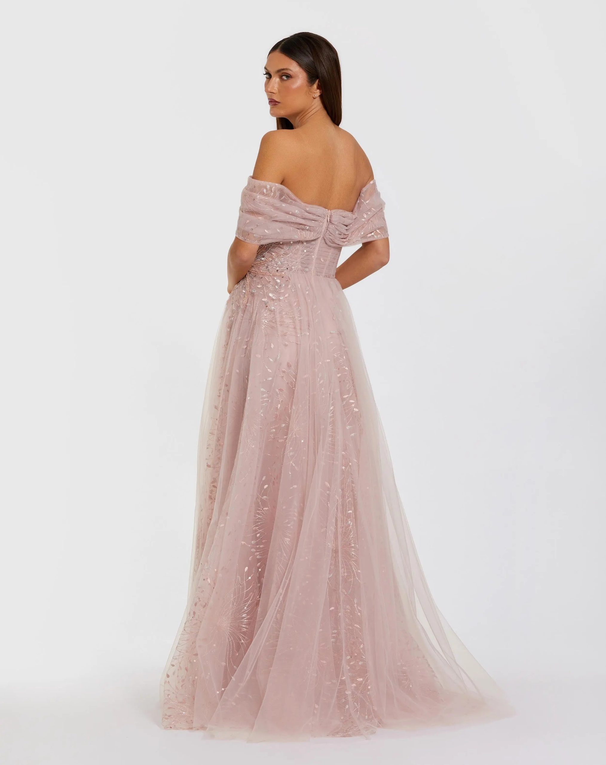 Pink Embroidered Tulle Off The Shoulder Ball Gown - Image 3