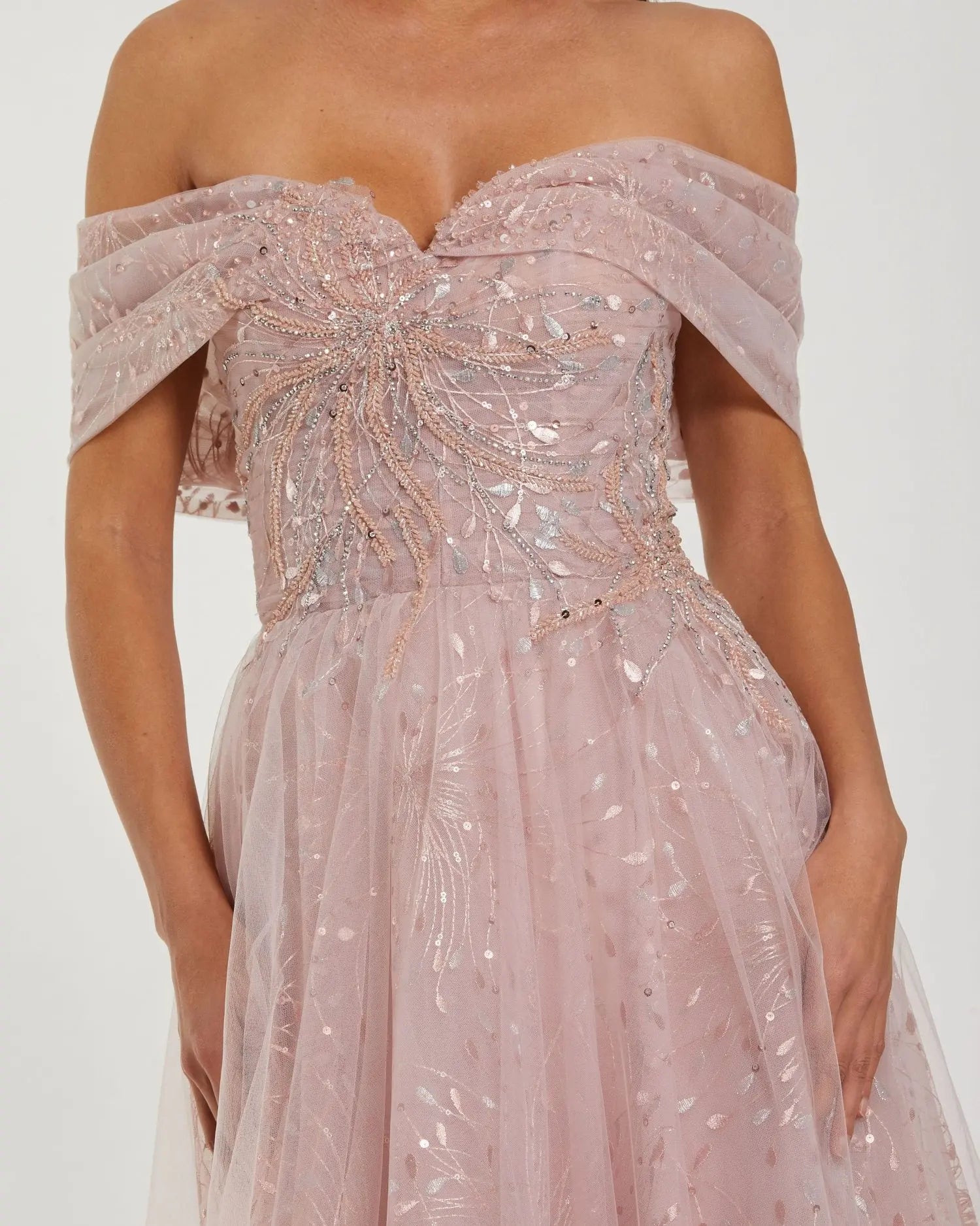 Pink Embroidered Tulle Off The Shoulder Ball Gown - Image 2