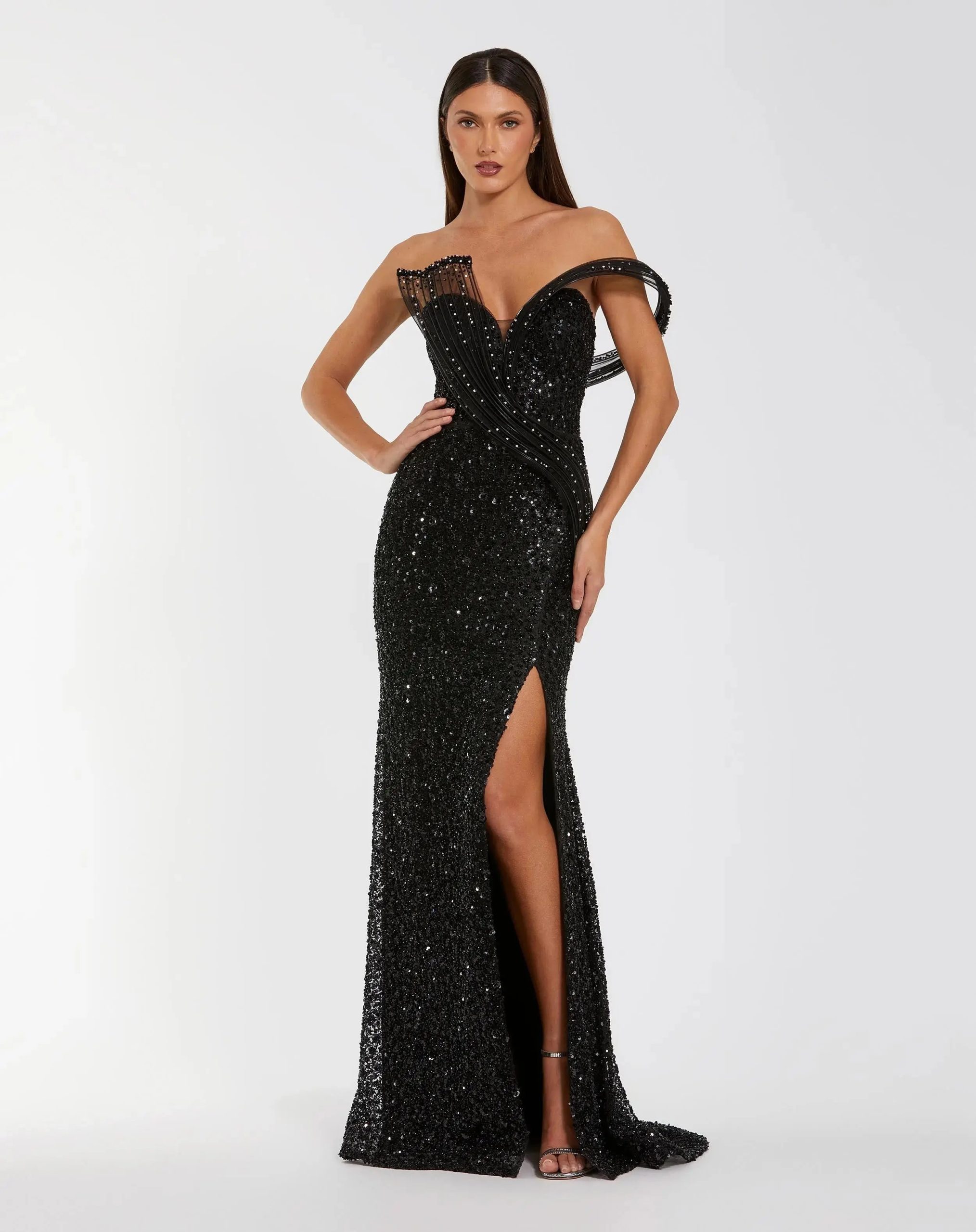 Black Embellished Strapless Gown With Sculptural Drape - Image 4