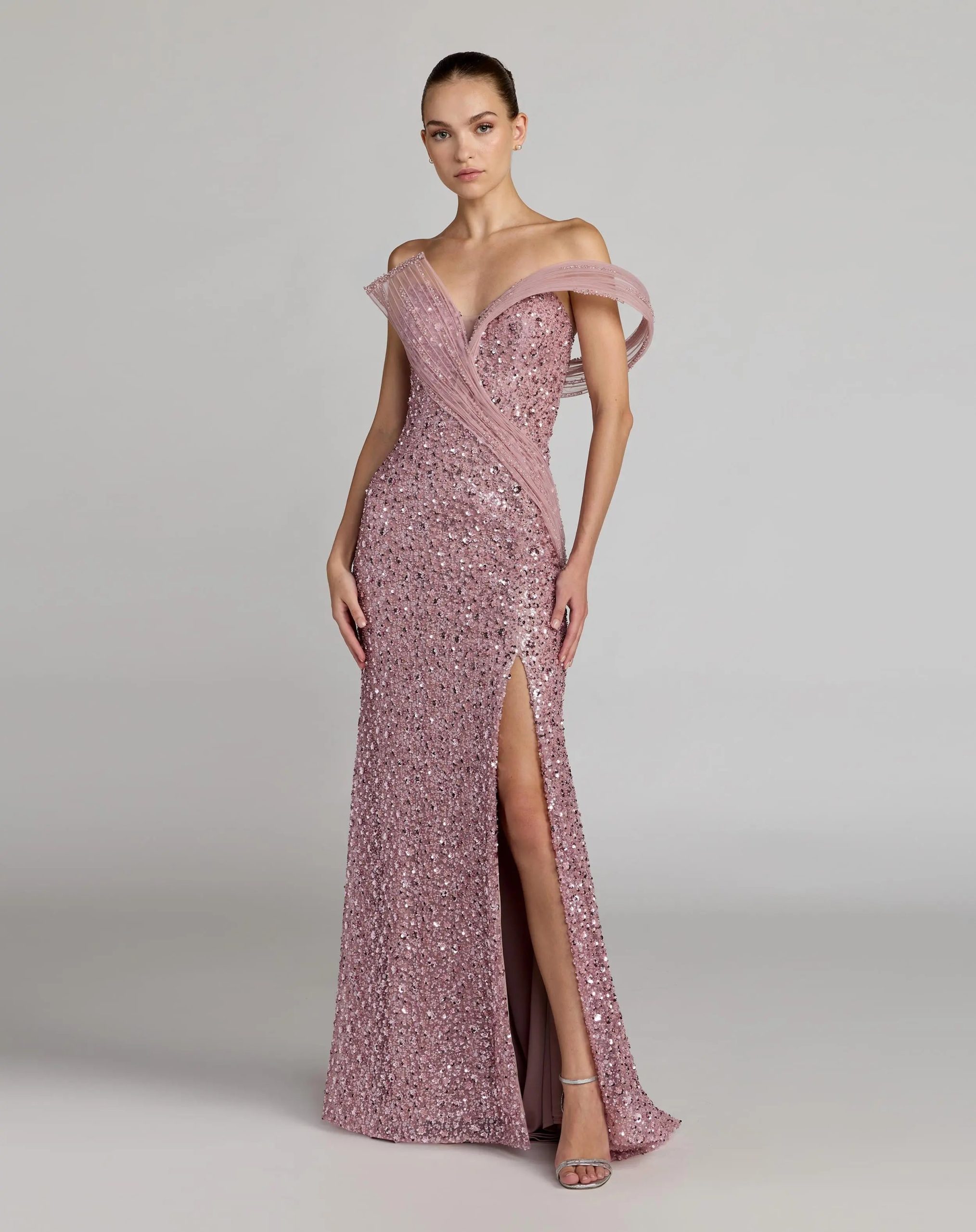Pink Embellished Strapless Gown With Sculptural Drape - Image 4
