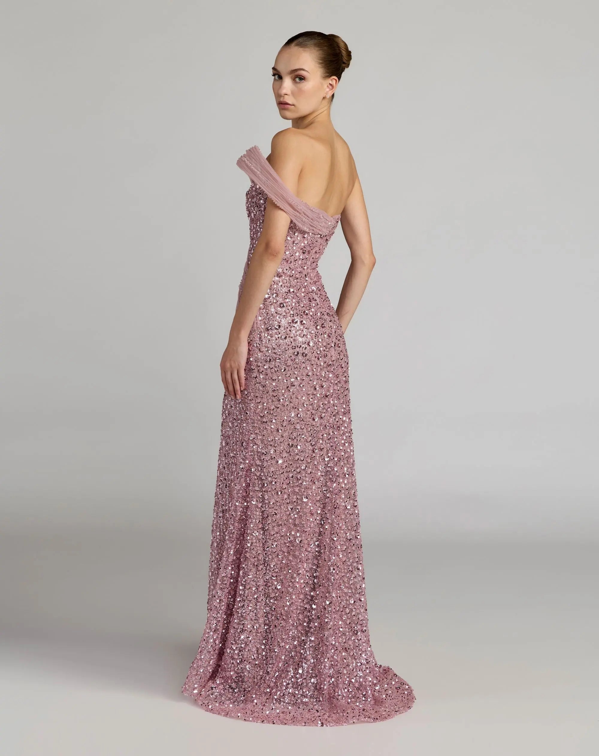 Pink Embellished Strapless Gown With Sculptural Drape - Image 7