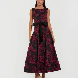 Black Brocade Drop Waist Midi Dress With Satin Bow