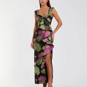 Black Sleeveless Floral Maxi Dress With Ruffle Detail