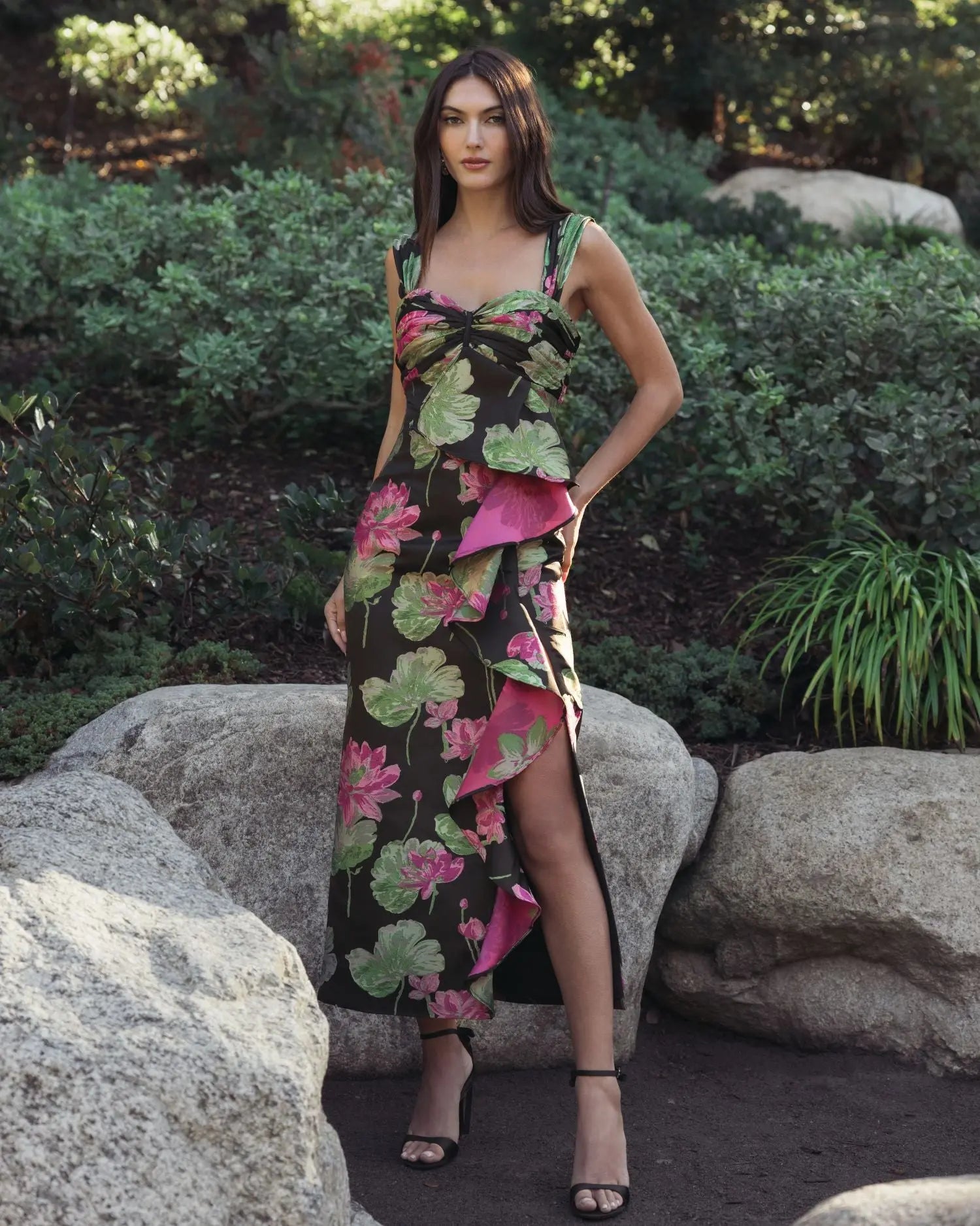 Black Sleeveless Floral Maxi Dress With Ruffle Detail - Image 4