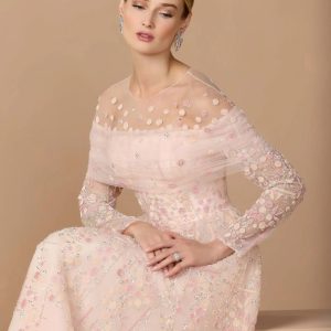 Pink Off The Shoulder Embellished Long Sleeve Ball Gown