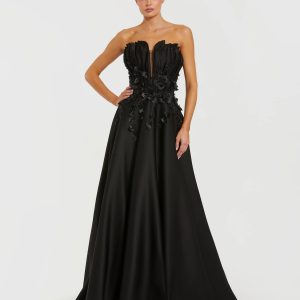 Black Strapless Satin Floral Embellished Ball Gown