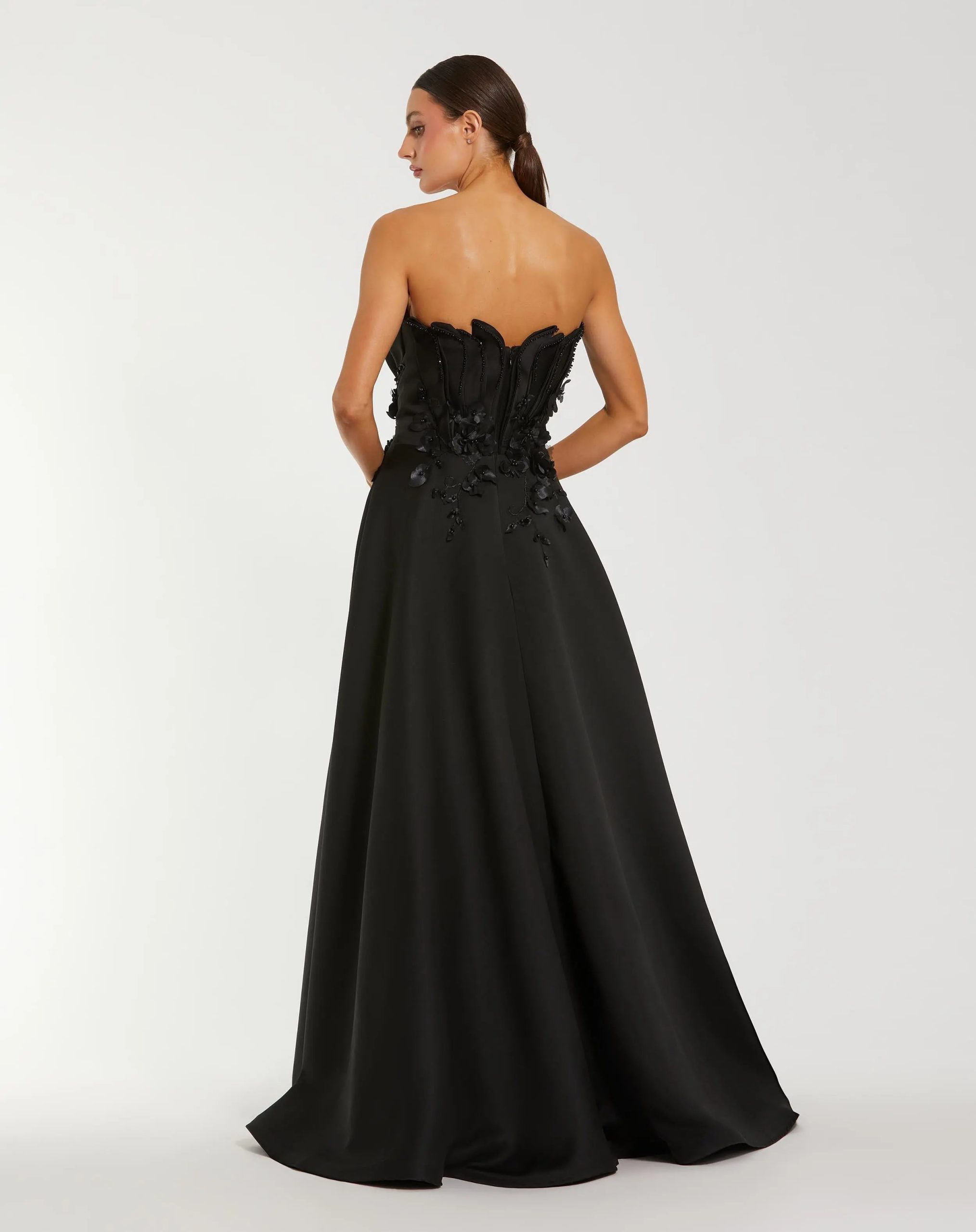 Black Strapless Satin Floral Embellished Ball Gown - Image 3