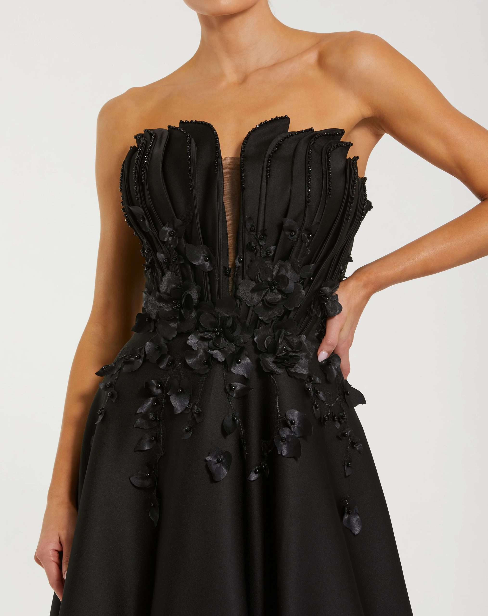 Black Strapless Satin Floral Embellished Ball Gown - Image 2