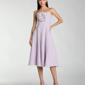 Purple Embellished Boucle Strapless Midi Dress