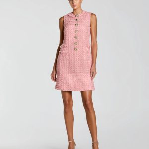 Pink Boucle Sleeveless Mini Dress with Gold Buttons