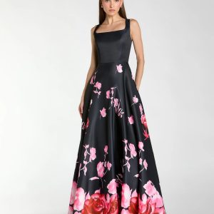 Black Square Neck Floral Print Ball Gown