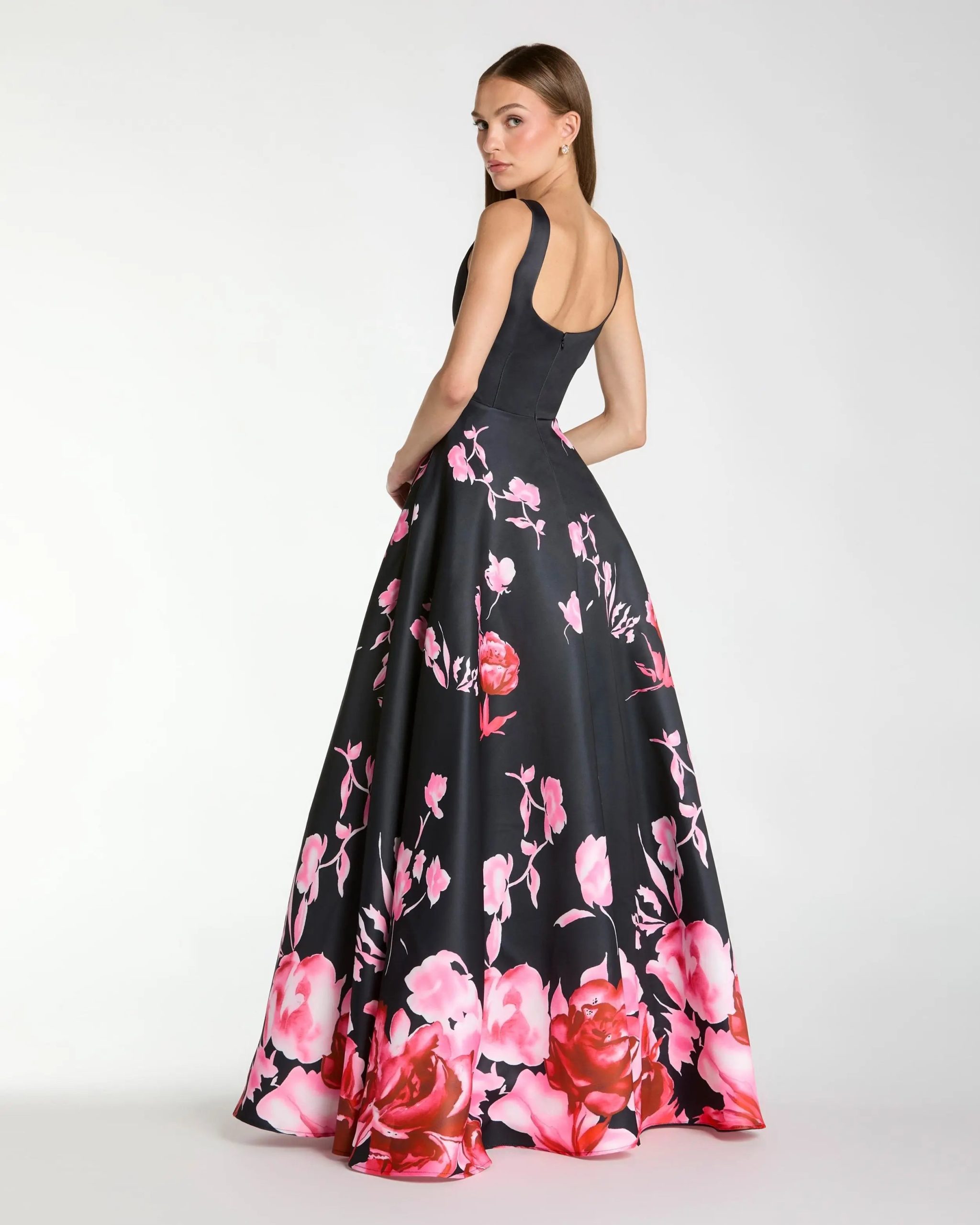 Black Square Neck Floral Print Ball Gown - Image 3