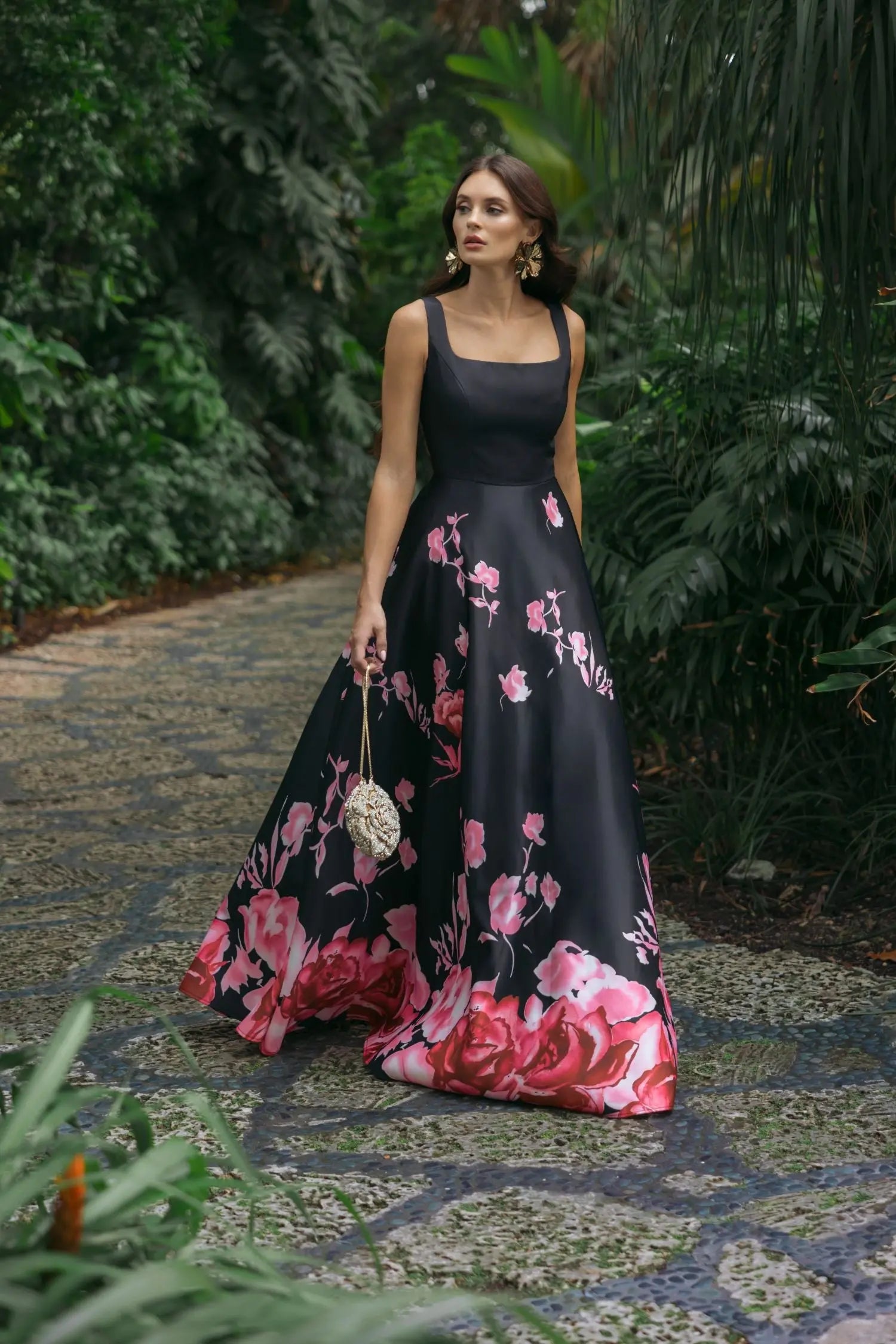 Black Square Neck Floral Print Ball Gown - Image 4