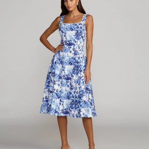 Blue Sleeveless Floral A-Line Midi Dress