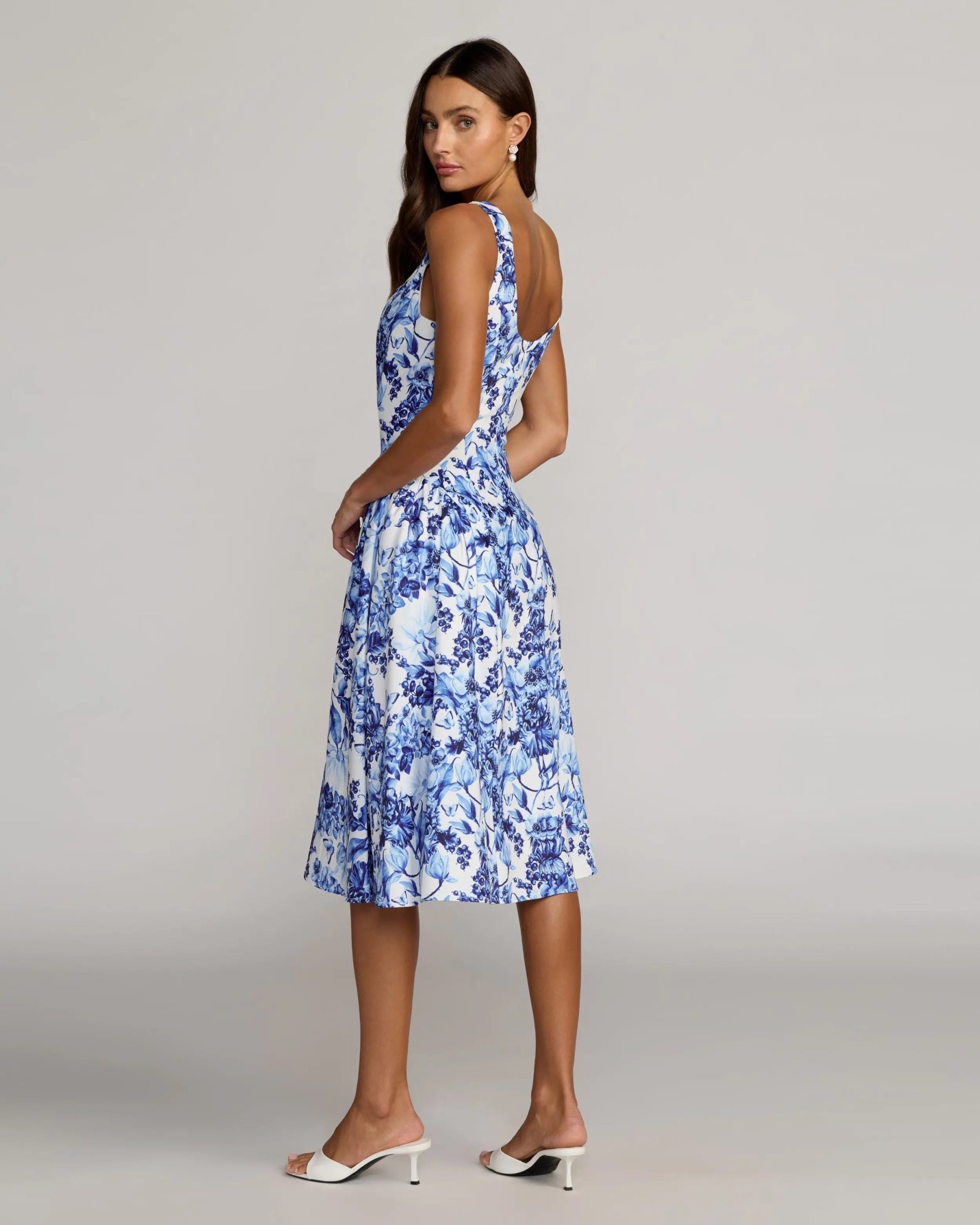 Blue Sleeveless Floral A-Line Midi Dress - Image 4