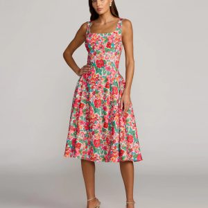 Multicolor Sleeveless Floral A-Line Midi Dress