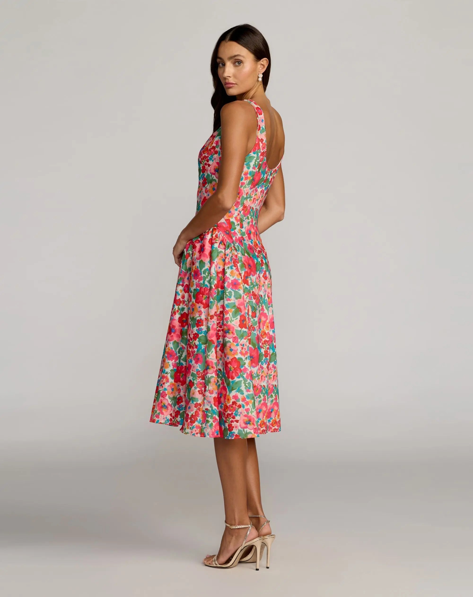 Multicolor Sleeveless Floral A-Line Midi Dress - Image 4