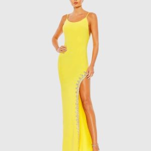Yellow Rhinestone Encrusted Side Slit Cami Bodycon Gown
