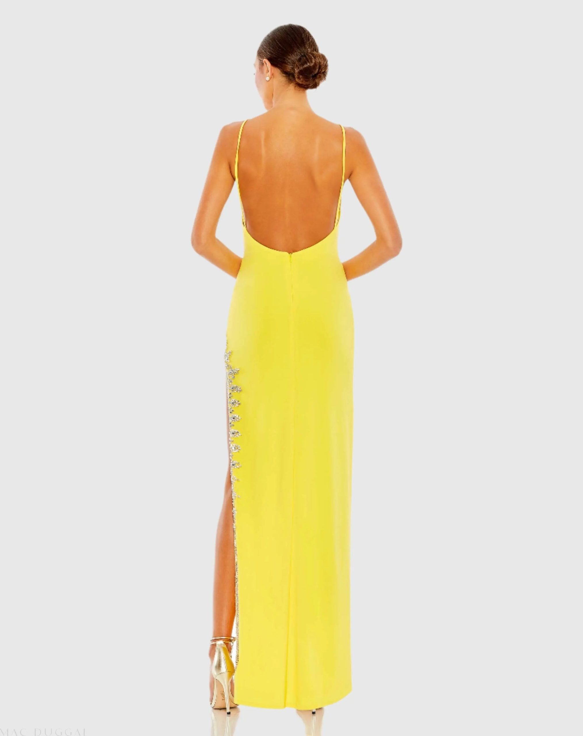 Yellow Rhinestone Encrusted Side Slit Cami Bodycon Gown - Image 2