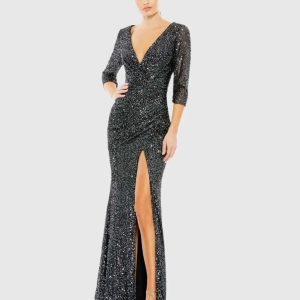 Sequined Draped 3/4 Sleeve Gown