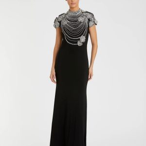 Black High Neck Embellished Column Gown