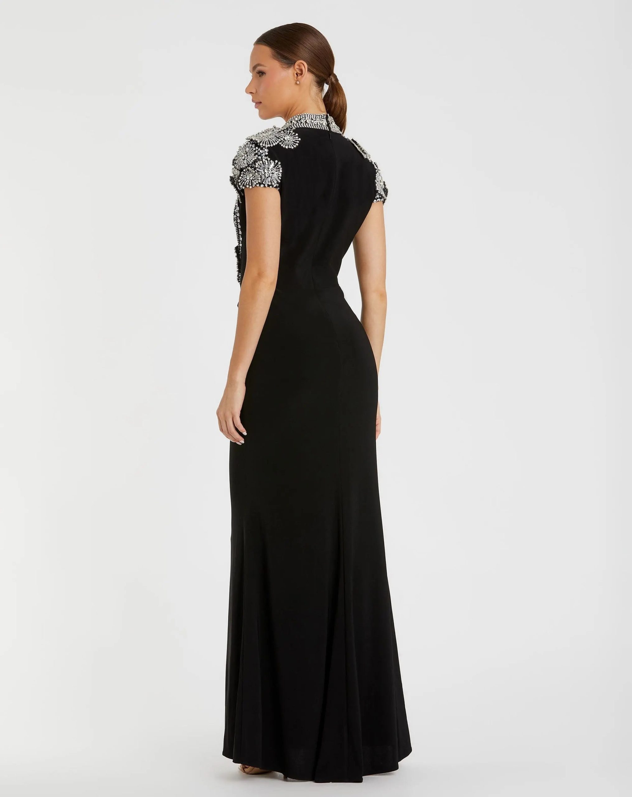 Black High Neck Embellished Column Gown - Image 3