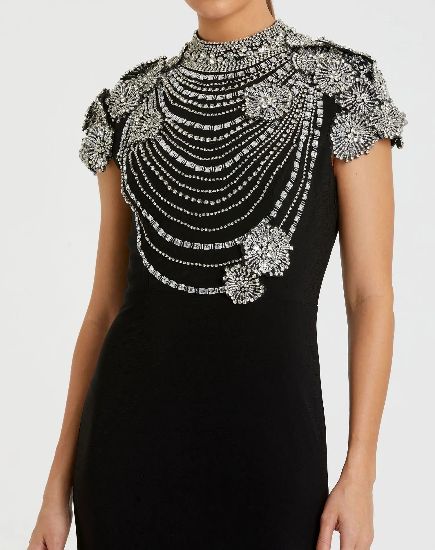 Black High Neck Embellished Column Gown - Image 2