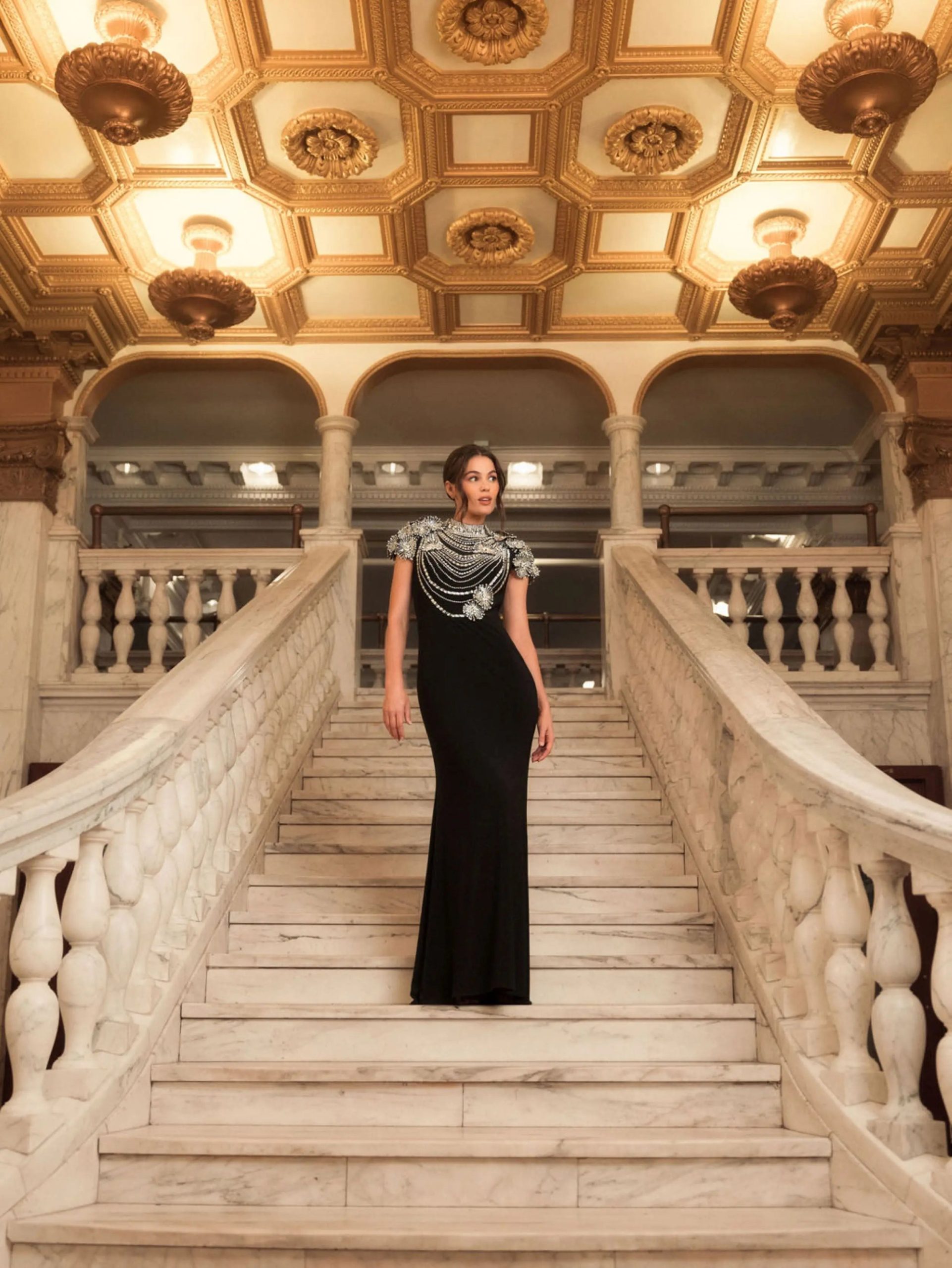 Black High Neck Embellished Column Gown - Image 4