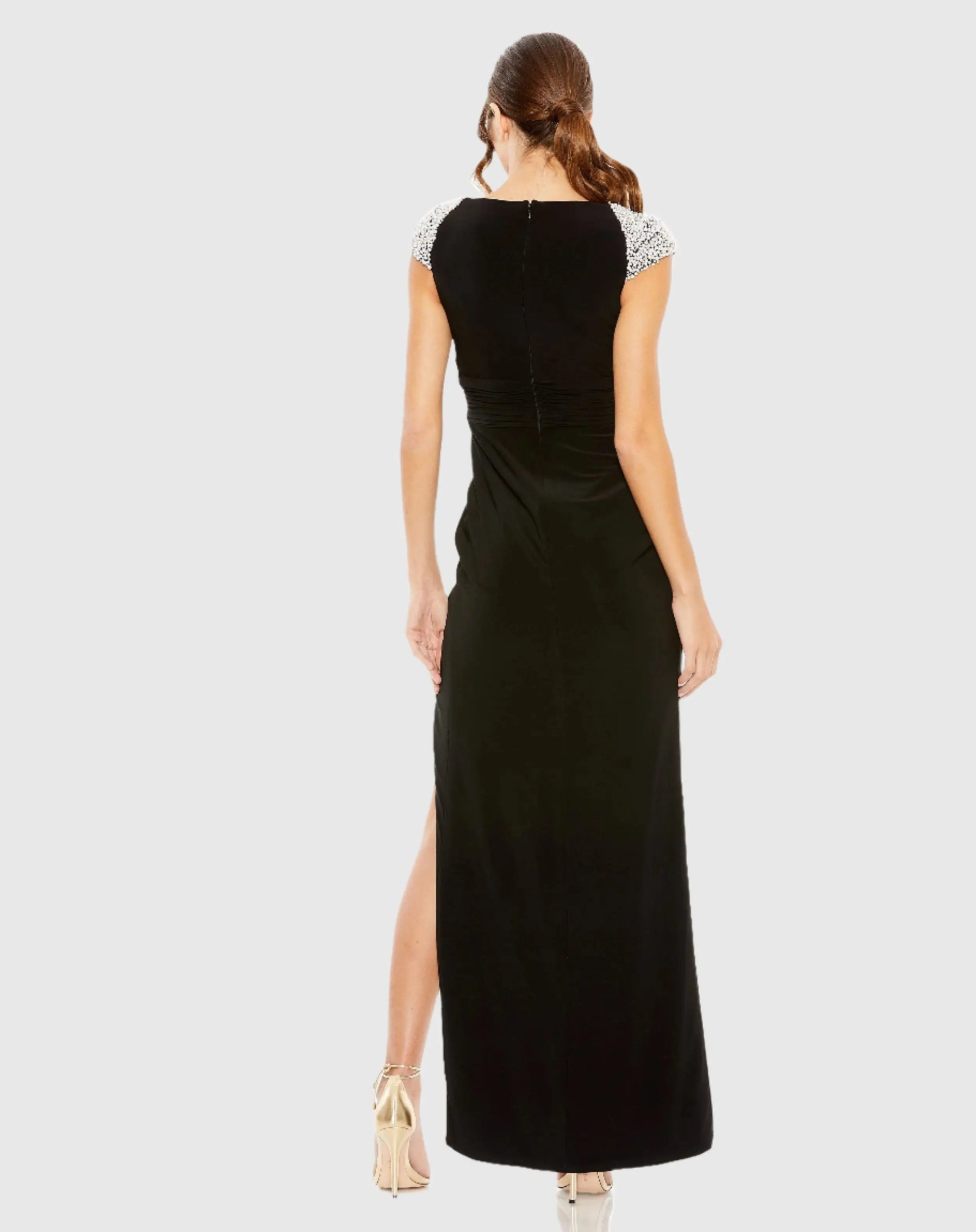 Black V Neck Embellished Cap Sleeve Faux Wrap Slit Gown - Image 3