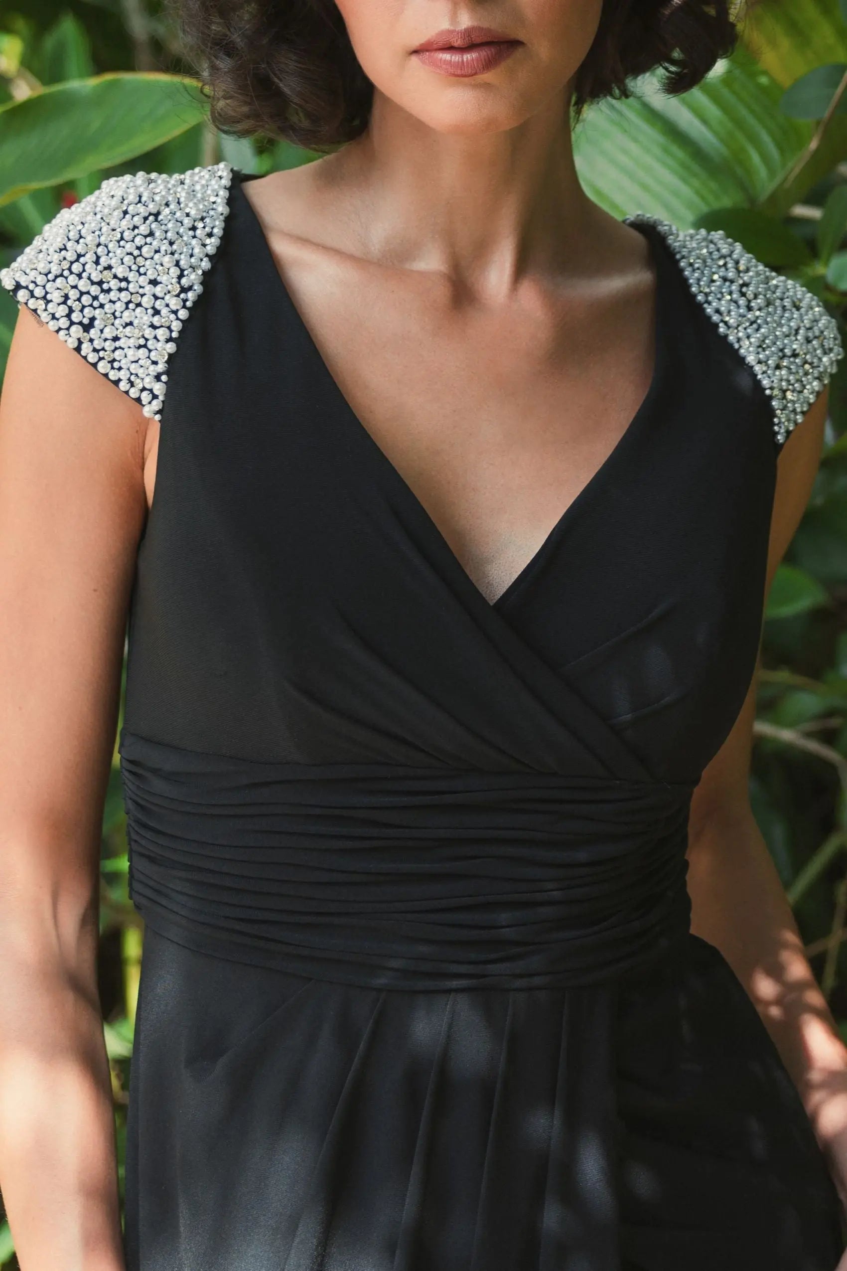 Black V Neck Embellished Cap Sleeve Faux Wrap Slit Gown - Image 5