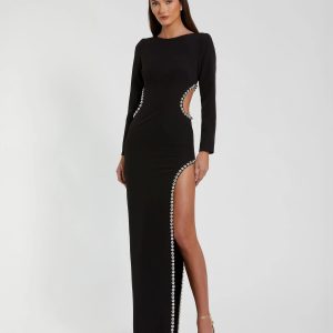 Black Crepe Long Sleeve Gown With Beaded Cut Outs