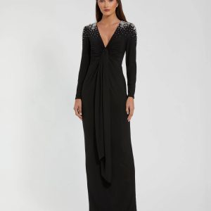 Black Jersey V Neck Faux Knot Gown With Beaded Shoulders