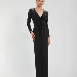 Black Jersey V Neck Faux Knot Gown With Beaded Shoulders