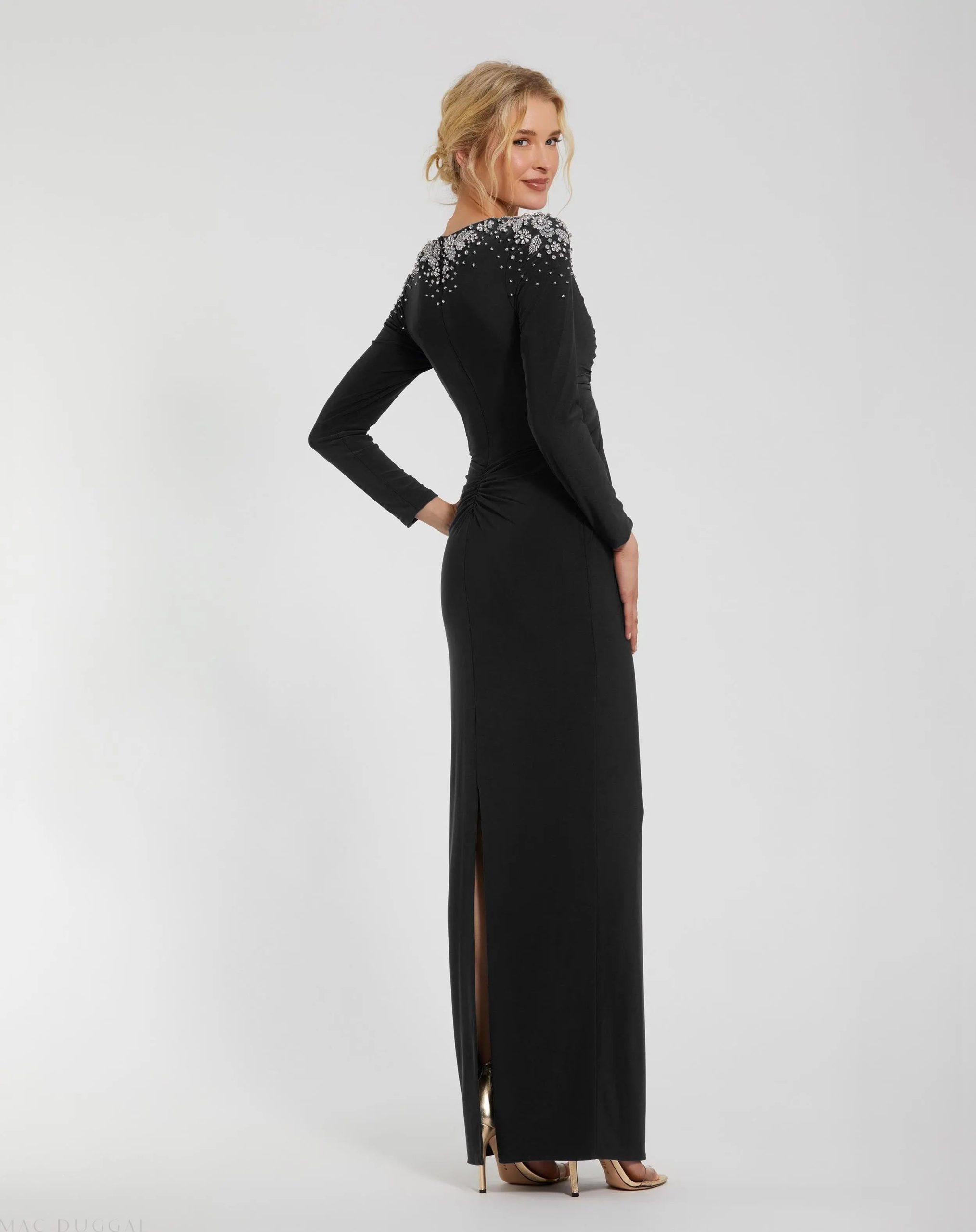 Black Jersey V Neck Faux Knot Gown With Beaded Shoulders - Image 3