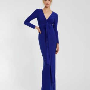 Blue Long Sleeve Jersey V Neck Twist Knot Gown