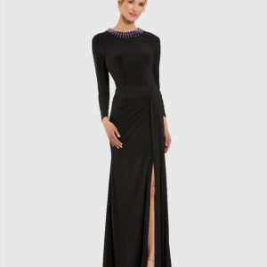 Black Long Sleeve Jersey Ruched Gown With Beaded Neck