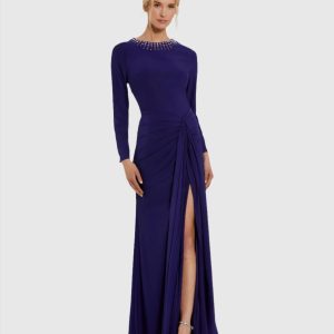 Purple Long Sleeve Jersey Ruched Gown With Beaded Neck