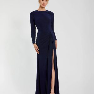 Navy Long Sleeve Fitted Jersey Gown With Ruched Waist