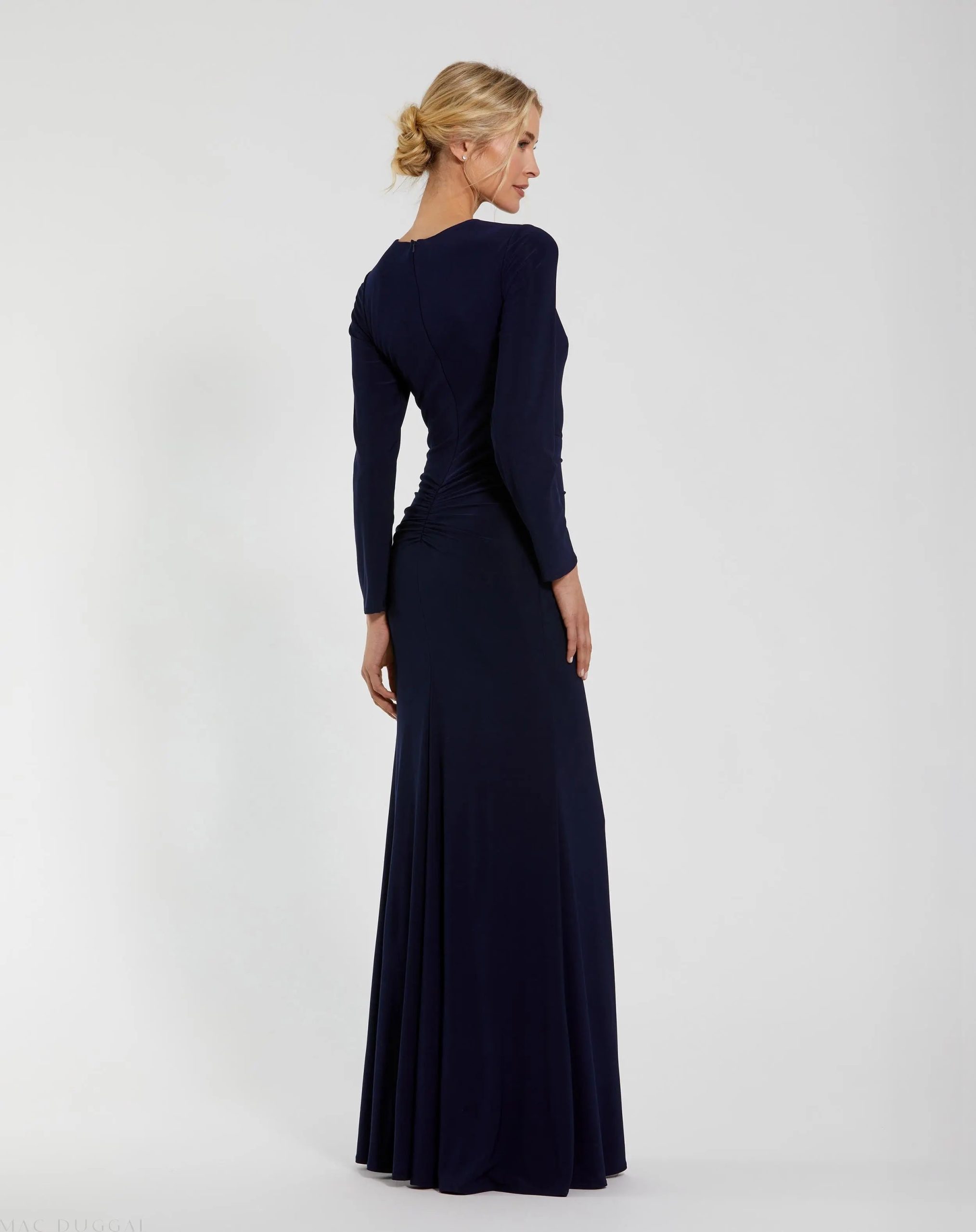 Navy Long Sleeve Fitted Jersey Gown With Ruched Waist - Image 3