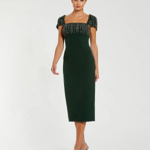 Green Embellished Cap Sleeve Crepe Midi Dress