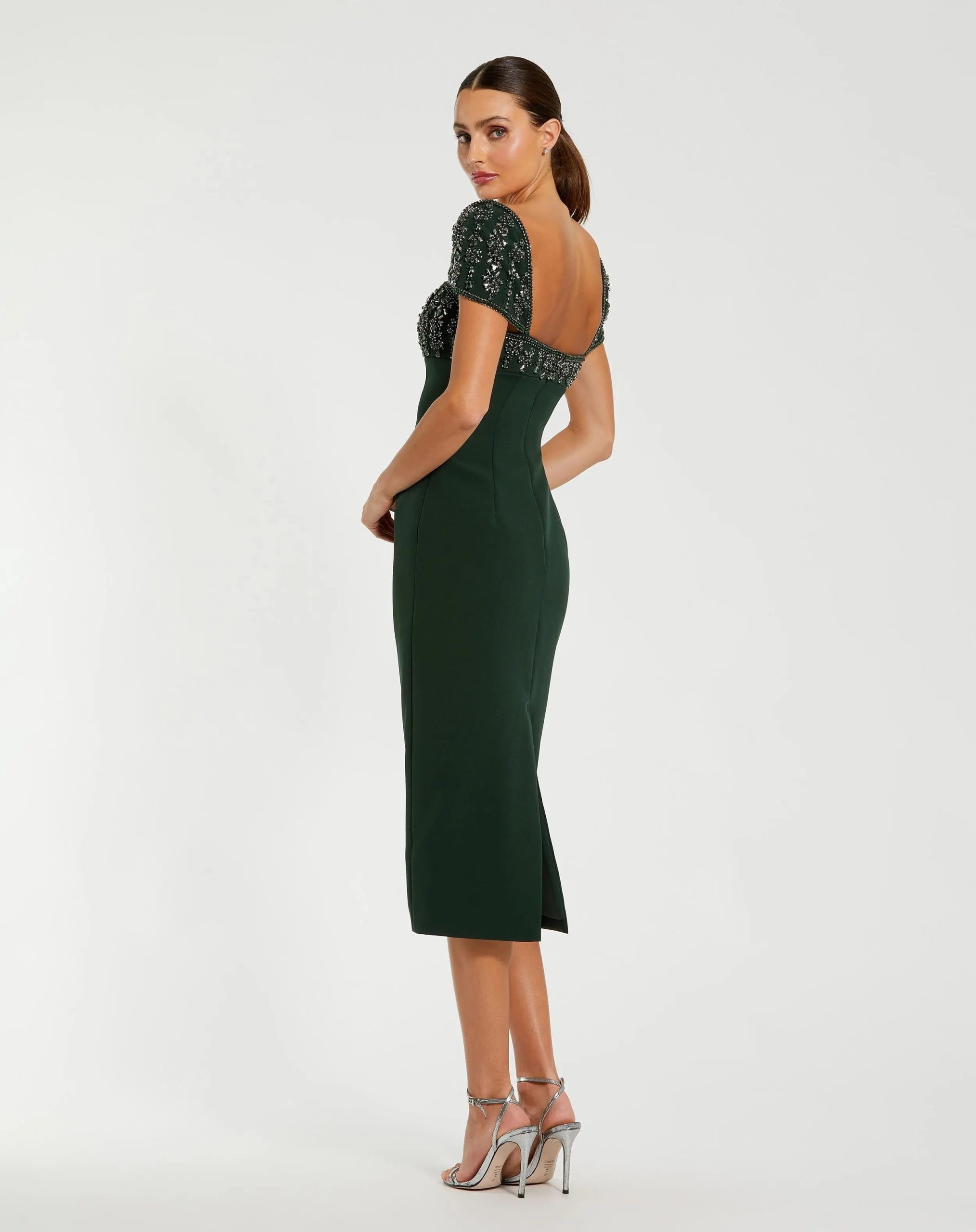 Green Embellished Cap Sleeve Crepe Midi Dress - Image 3