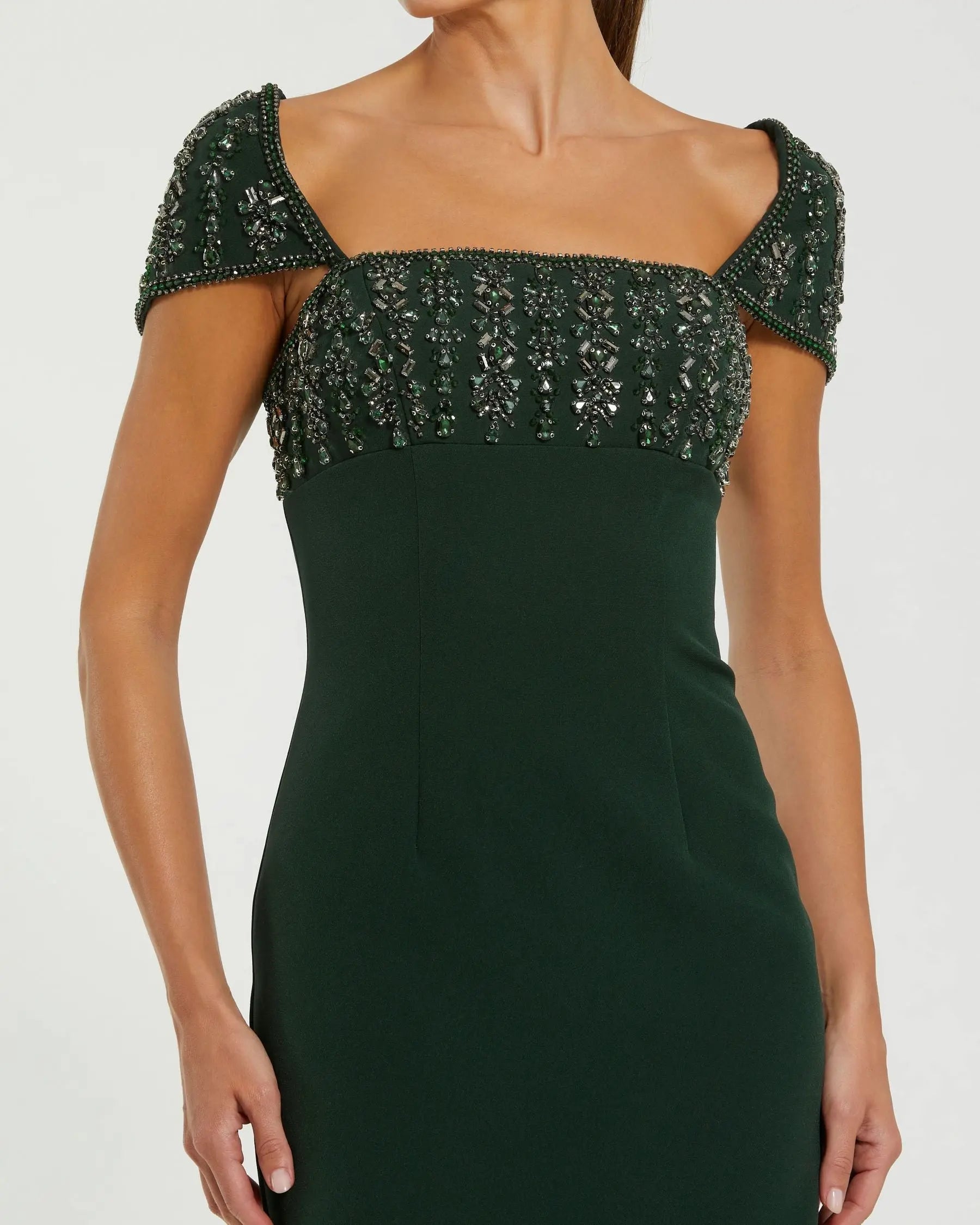 Green Embellished Cap Sleeve Crepe Midi Dress - Image 2